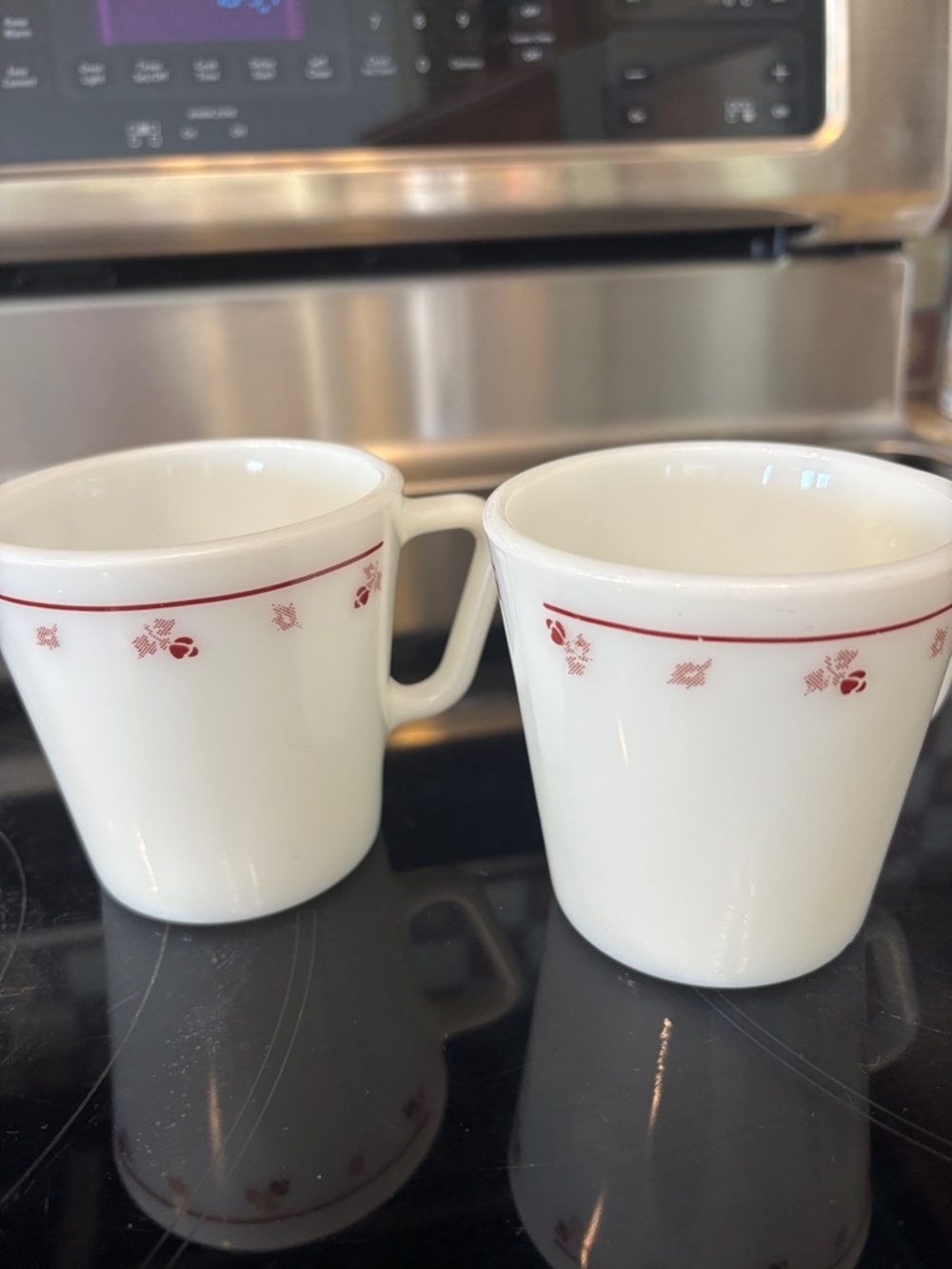 Corelle “Burgundy Rose” milk glass mugs